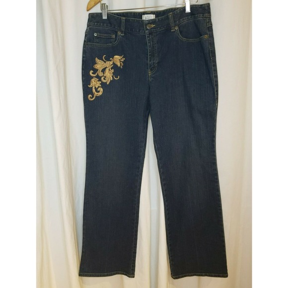 Ann Taylor Loft Gold Embroidered Blue Jeans 12 Bootleg Boot Cut EUC - Picture 1 of 5
